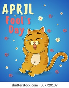 Celebrating April Fools' Day. Spring holiday. Cute cat laughing. Vector illustration for greeting card, promotion, poster, flier, blog, article, marketing, signage, email