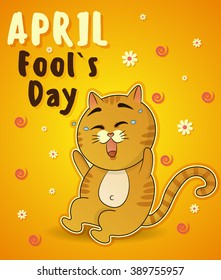 Celebrating April Fools' Day. Spring holiday. Cute cat laughing. Vector illustration for greeting card, promotion, poster, flier, blog, article, marketing, signage, email
