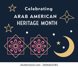 Celebrating Arab American Heritage Month with crescent moon, star, and floral motifs.
