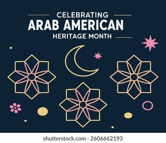 Celebrating Arab American Heritage Month with crescent moon, star, and floral motifs.