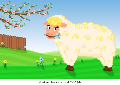 Celebrating arrival of spring at the animal farm with cute sheep with golden fleece. Vector file saved as EPS AI8, all elements layered and grouped.