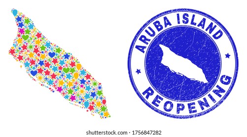 Celebrating Aruba Island map collage and reopening textured seal. Vector collage Aruba Island map is created with scattered stars, hearts, balloons. Rounded rough blue seal with grunge rubber texture.