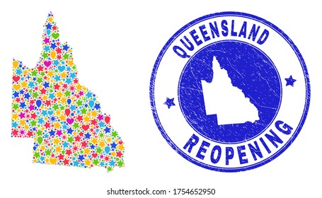 Celebrating Australian Queensland map collage and reopening rubber stamp seal. Vector collage Australian Queensland map is composed of random stars, hearts, balloons.