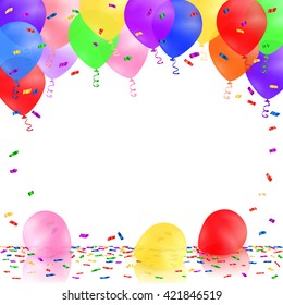 Celebrating background with colorful balloons and confetti. Vector illustration.