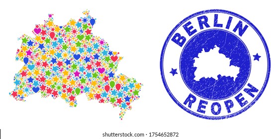 Celebrating Berlin City map collage and reopening rubber stamp seal. Vector collage Berlin City map is formed from scattered stars, hearts, balloons. Rounded awry blue seal with grunge rubber texture.