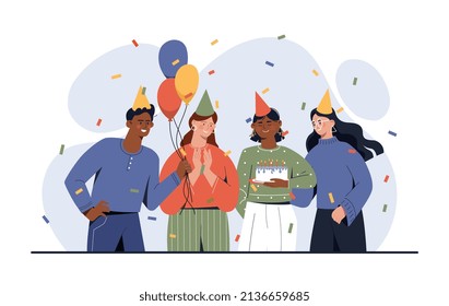 Celebrando el concepto de cumpleaños o aniversario. Hombres y mujeres jóvenes con pastel, confeti, globos y sombreros festivos. Feliz feriado o fiesta. Diseño para postal. Dibujo vectorial plano de dibujos animados