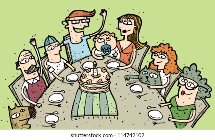 Celebrating Birthday: hand drawn illustration of a family around table