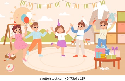 Celebrating birthday in kindergarten. Happy children in playroom with balloons and confetti. Party with gifts, toddlers celebrate cartoon vector scene