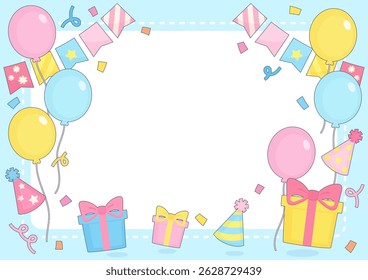 celebrating birthday party with balloon and gift theme frame, vector illustration