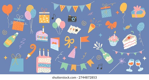 celebrating birthday set in doodle style in vector. Elements for sticker decoration design mail posts postcards poster print invitation