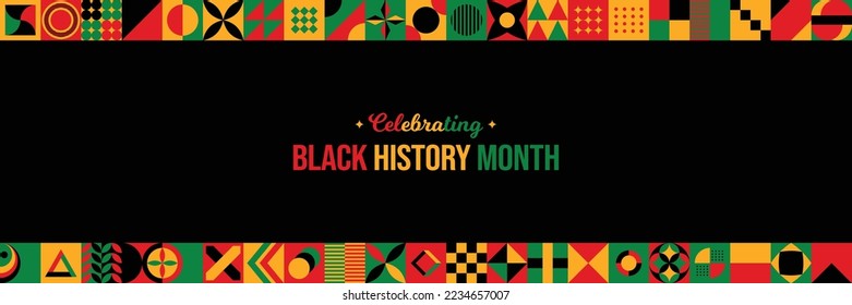 Celebrating Black History Month Background. February Awareness Celebration poster. Horizontal website header banner vector illustration. Neo Geometric pattern concept. Social media post, graphic art