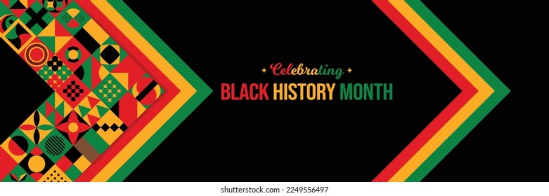 Celebrating Black History Month Background. February Awareness Celebration poster. Horizontal website header banner vector illustration. Neo Geometric pattern concept. Social media post, graphic art