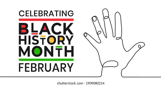 Celebrating Black History Month banner for February. Vector illustration of continuous line drawing of human palm open gesture. Design template for national holiday poster or card