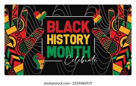 Celebrating Black History Month with colorful hands and cultural symbols. Perfect for honoring heritage and unity. Black History Month concept. Flat vector illustration.