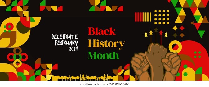 Celebrating Black History Month in modern geometric style. Greeting banner with typography. Illustration for Black History Month 2024