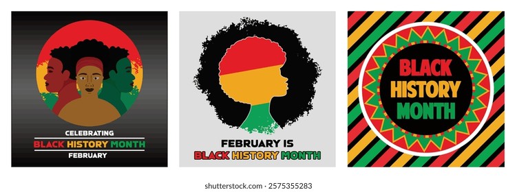 Celebrating Black History Month.  Silhouette and African Heritage Colors. Vibrant African Inspired Patterns and Colors.  Set flat vector modern illustration 