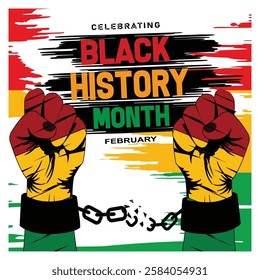 Celebrating Black History Month, Two raised fists in vibrant colors, emphasizing themes of unity, empowerment, and diversity.  Flat vector modern illustration 