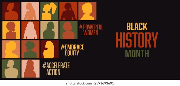 Celebrating Black History Month. Women's history month banner. Women's power. Black History Month. Flat design. The power is in women.
