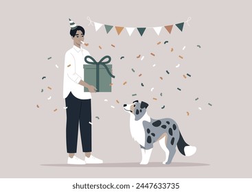 Celebrating a blue marble Border Collies Birthday With Festive Cheer, An owner presents a gift to an attentive puppy amidst a shower of confetti
