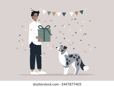 Celebrando un cumpleaños de Border Collies de mármol azul con alegría festiva, un propietario presenta un regalo a un cachorro atento en medio de una ducha de confeti