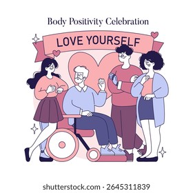 Celebrando a positividade corporal com diversos indivíduos compartilhando um momento alegre. A ilustração promove amor próprio e aceitação em um ambiente de apoio, destacando a inclusão e a amizade.