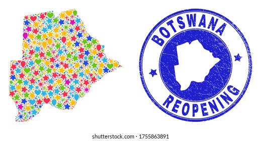 Celebrando el collage de mapas de Botsuana y reabriendo el sello de goma. El mapa de Botsuana con colección de vectores está organizado con estrellas dispersas, corazones, globos. Sello azul redondeado con textura de goma gruesa.
