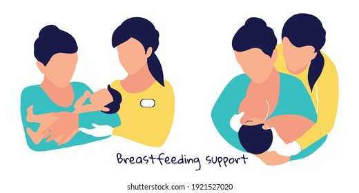 Celebrating Breastfeeding Support Week, 1-7 August. The lactation adviser helps the mother attach the newborn baby. Postpartum support, nursing mothers care. Communicating breastfeeding issues.