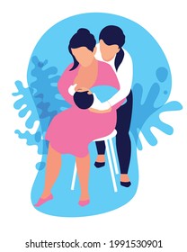 Celebrating Breastfeeding Support Week, 1-7 August. The lactation adviser helps the mother attach the newborn baby. Postpartum support, nursing mothers care. Communicating breastfeeding issues. Vector
