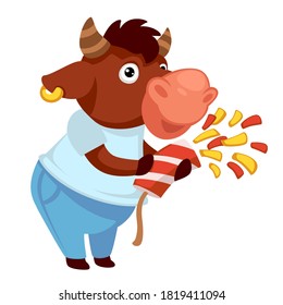 Celebrating bull character popping cracker with confetti. Isolated animal personage, celebration and festivity. Congratulations or greetings from buffalo. Symbol of 2021 mascot or sticker vector