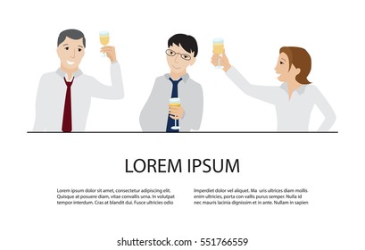 Celebrating business people banners, businessmen and woman in formal clothes holding champagne glass, Business success, Office holiday party concept, flat vector