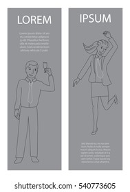 Celebrating business people banners, Young businesswoman in formal suit dancing and businessman in a tie holding champagne glass, Business success, Office holiday party concept, line doodle vector