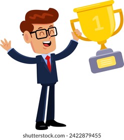 Celebrating Businessman Cartoon Character Holding Winner Cup Trophy. Vector Illustration Flat Design Isolated On Transparent Background