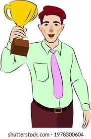 Celebrating businessman holding winner cup trophy. Business achievement concept. Flat style vector illustration isolated on white background.