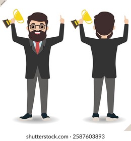 Celebrating businessman holding winner cup trophy. Business achievement. Front and Back of Businessman holding winner trophy in successful concept.