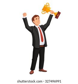 Celebrating businessman holding winner cup trophy. Business achievement concept. Flat style vector illustration isolated on white background.