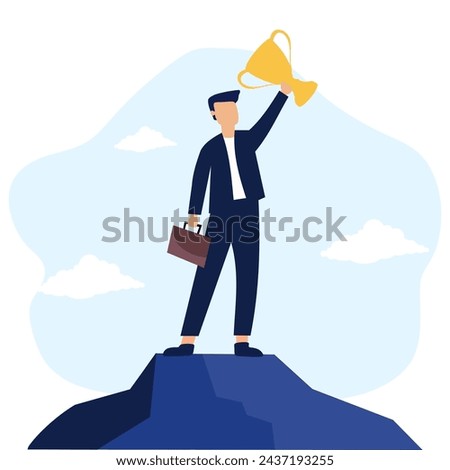 Celebrating businessman holding winner cup trophy. Business achievement concept.