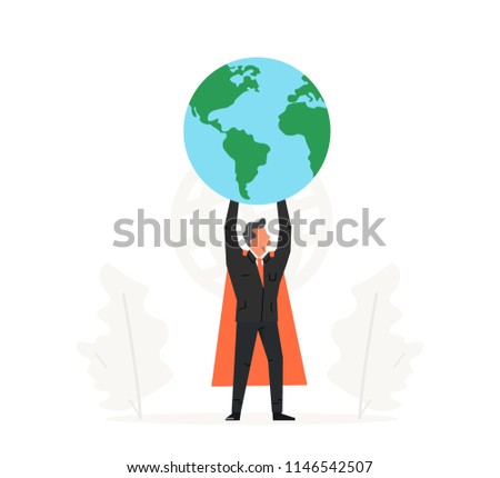 Celebrating a businessman holding the World over his head. Business illustration in flat design. Success, champion, victory, money, save planet
