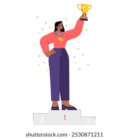 Celebrando o conceito de empresária. Uma profissional feminina confiante se posiciona no pódio dos vencedores, orgulhosamente segurando um troféu. Conquista de carreira e tema de sucesso. Ilustração vetorial.