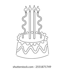 celebrating cake with candles in line doodle style in vector for birthday party or celebrating event. Elements for poster sticker design logo decoration