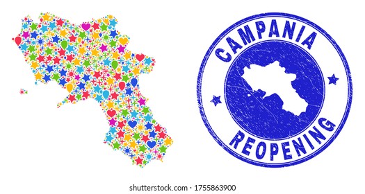 Celebrating Campania region map collage and reopening rubber seal. Vector collage Campania region map is made of scattered stars, hearts, balloons. Rounded wry blue seal with grunge rubber texture.