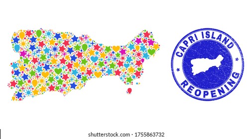 Celebrating Capri Island map mosaic and reopening rubber seal. Vector mosaic Capri Island map is designed of scattered stars, hearts, balloons. Rounded wry blue watermark with distress rubber texture.