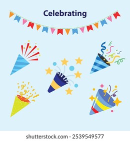 Celebrating Caps colorful joyful and happiness for childen illustration for using as a celebrating assets vector also shows ribbon and starts