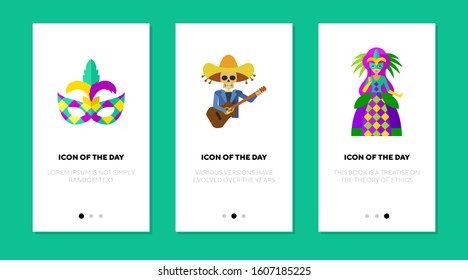 Celebrating carnival flat vector icon set. Mask, gown, costume, sombrero, skull isolated sign pack. Celebration and festivity concept. Vector illustration symbol elements for web design and apps.
