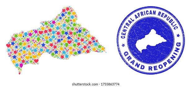 Celebrando el collage de mapas de la República Centroafricana y reabriendo el sello de goma. El mapa del collage de vectores de la República Centroafricana está diseñado con estrellas, corazones, globos dispersos.