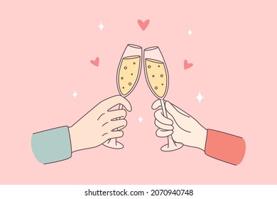 Celebrating With Champagne And Cheers Concept. Human Hands Of Couple Clinking Glasses With Sparkling Wine Celebrating Holiday Vector Illustration 