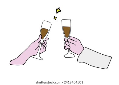 Celebrating with champagne and cheers concept. Human hands of couple clinking glasses with sparkling wine celebrating holiday vector illustration. Happy valentine's day. Greeting card and poster.