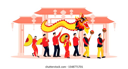 Celebrating Chinese Lunar New Year. Vector flat cartoon illustration of happy dancing people. Holiday performance in china town with dragon, lanterns, dances. Traditional holidays design elements