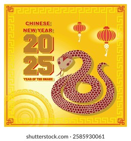 Celebrating Chinese New Year 2025 featuring the Year of the Snake theme. Highlights vibrant golden and red accents. Flat vector modern illustration 