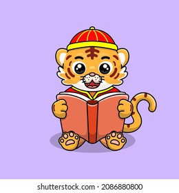 celebrating the chinese new year, chinese new year, illustration of a tiger cub wearing a cheongsam dress, cartoon with kawaii and chibi style, tiger cub and a book