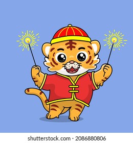 celebrating Chinese New Year, Chinese New Year, illustration of a tiger cub wearing a cheongsam dress, a cartoon with kawaii and chibi style, a tiger cub playing with Sparklers fireworks.